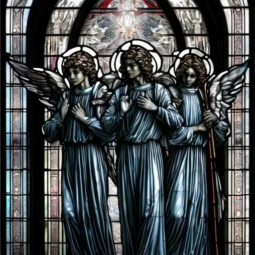 Prompt: Futuristic statues of Archangels Gabriel, Raphael and Michael in misc-stained glass style, AI-designed, black and white, cosmic order, transcendence, detailed eyes, ultra-detailed, high res, celestial, majestic, atmospheric lighting, AI machines, futuristic, statues, Christianity, history, cosmic, transcendence, detailed, celestial, majestic