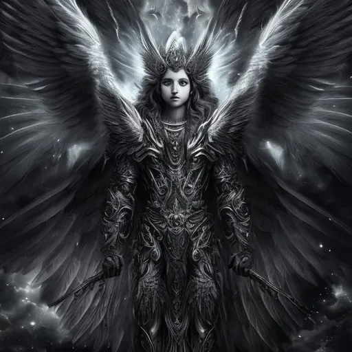 Prompt: Majestic celestial Archangel with detailed feathers and wings, heavenly mysticism, black and white, high res, detailed, multiple eyes, strong, atmospheric lighting, detailed eyes, celestial, majestic