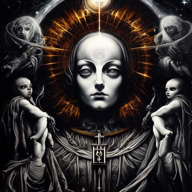 Prompt: Divine, all-seeing ,protector of all, symbolism, oil painting, black and white, cosmic order, transcendence, detailed eyes, symbolism, high res, ultra-detailed, gothic, cosmic, monochrome, majestic, atmospheric lighting, Christianity, Renaissance Painting
