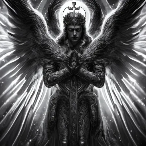 Prompt: Archangel Gabriel, multiple wings, celestial wings, eyes on wings, black and white, high-res, heavenly, mystic, celestial, multiple eyes, detailed feathers, high contrast, Todd McFarlane, highly detailed, heavenly, astral being, ancient, power, Catholic, Bible