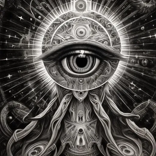 Prompt: Divine, all-seeing, protector of all, symbolism, black and white, cosmic order, transcendence, detailed eyes, symbolism, high res, ultra-detailed, cosmic, monochrome, majestic, atmospheric lighting, Christianity, Renaissance, multiple eyes, insight,
