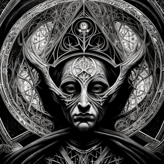 Prompt: Divine, all-seeing creator, protector of all, symbolism, gothic painting, black and white, cosmic order, transcendence, detailed eyes, intricate symbolism, high res, ultra-detailed, gothic, cosmic, monochrome, intense gaze, majestic, atmospheric lighting