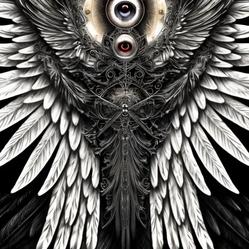 Prompt: Dominion, multiple intricate wings with eyes, black and white, high-res, heavenly, mystic, celestial, multiple detailed eyes on wings, highly detailed feathers, ancient, powerful, heavenly,astral being, Catholic icon, biblical
