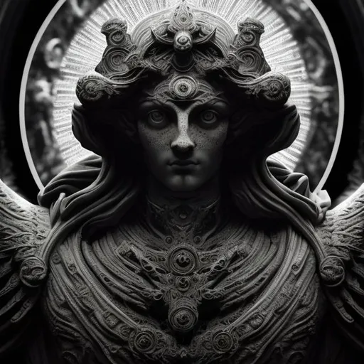 Prompt: Divine, all-seeing, protector of all, symbolism, black and white, cosmic order, transcendence, detailed eyes, symbolism, high res, ultra-detailed, cosmic, majestic, atmospheric lighting, Christianity, Renaissance, multiple eyes, insight, human-like statue, reimagining cosmic archangel Rafael, statue-like
