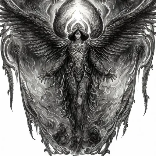 Prompt: Archangel Raphael, open wings, multiple wings, celestial wings, eyes on wings, black and white, high-res, heavenly, mystic, celestial, intricate linework, multiple eyes, detailed feathers, high contrast, Todd McFarlane, highly detailed, heavenly, astral being, ancient, power, occult