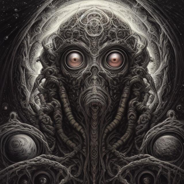 Prompt: Divine, all-seeing creator, protector of all, symbolism, oil painting, black and white, cosmic order, transcendence, detailed eyes, intricate symbolism, high res, ultra-detailed, gothic, cosmic, monochrome, intense gaze, majestic, atmospheric lighting, hp lovecraft