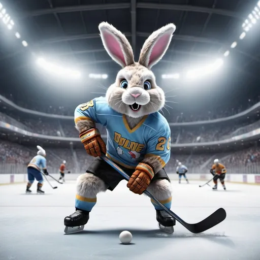 Prompt: Easter bunny playing ice hockey, realistic fur, real ice rink, sudden death overtime, intense action, detailed facial expression, high quality, hyper-realistic, winter sports, detailed fur texture, professional sports arena, Easter theme, action-packed, intense competition, hockey, realistic lighting, highres, detailed