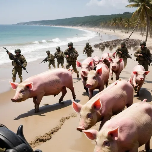 Prompt: Pigs and cows as soldiers storming a beach to attack humans