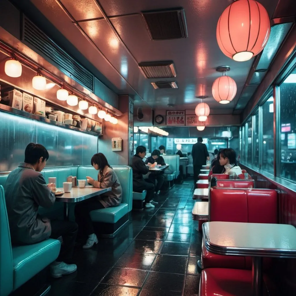 Inside of a diner in rainy futuristic tokyo by night...