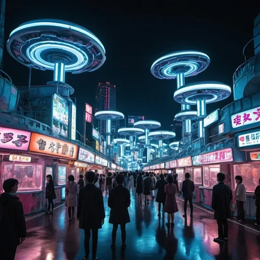 Prompt: people in a futuristic dystopian amusement park in tokyo by night