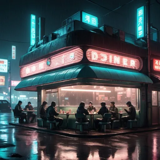 Prompt: Outside of a diner in rainy futuristic dystopian tokyo by night with a few people sitting in it eating 