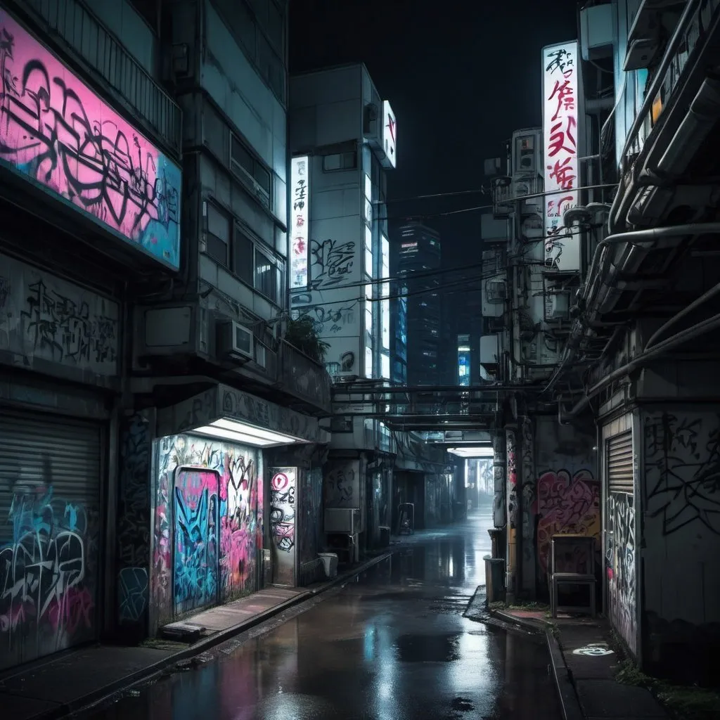 Prompt: a graffiti in futuristic dystopian tokyo by night