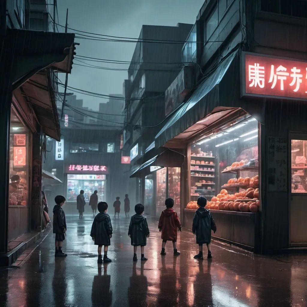 Prompt: children playing ball in front of a shop in rainy futuristic dystopian tokyo by night