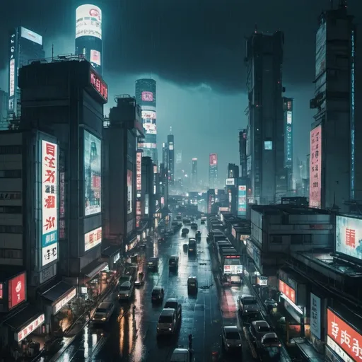 Prompt: An overview Shot of rainy futuristic dystopian tokyo by night with a lot of skyscrapers and ads 