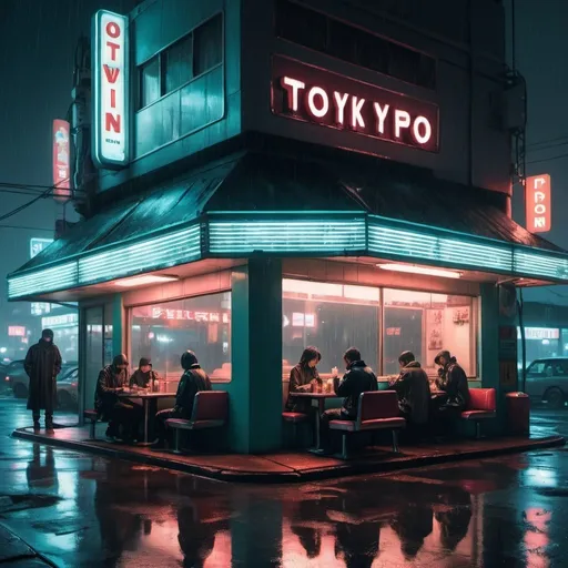 Prompt: Outside of a diner in rainy futuristic dystopian tokyo by night with a few people sitting in it eating 