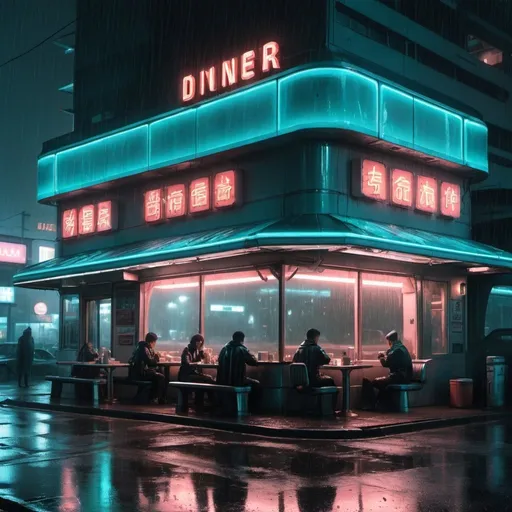 Prompt: Outside of a diner with windows in rainy futuristic dystopian tokyo by night with a few people sitting in it eating 