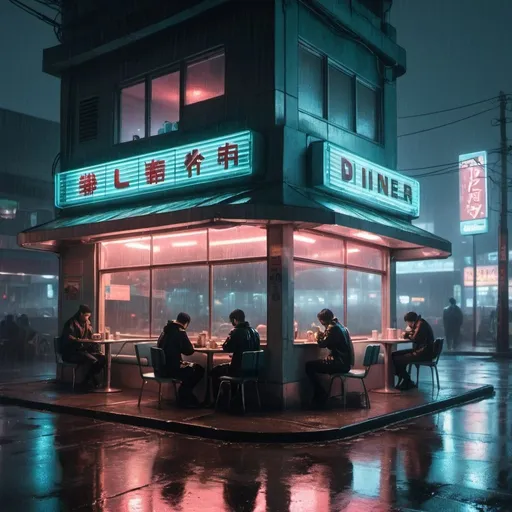 Prompt: Outside of a diner with windows in rainy futuristic dystopian tokyo by night with a few people sitting in it eating 
