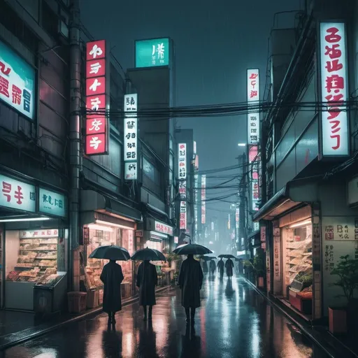 Prompt: rainy futuristic dystopian tokyo with shops by night