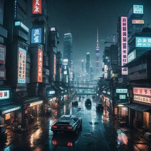 Prompt: An overview Shot of rainy futuristic dystopian tokyo by night with a lot of skyscrapers and ads and flying cars