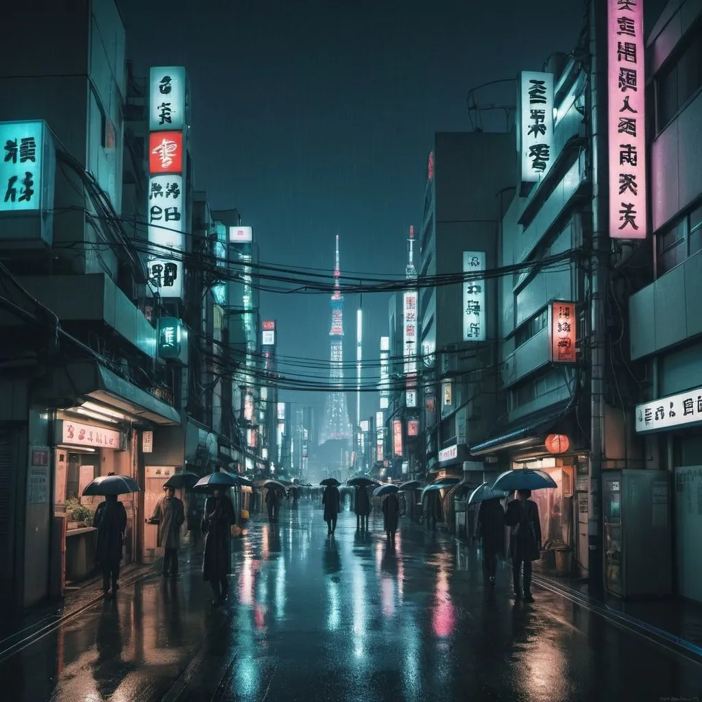 Prompt: Rainy futuristic dystopian tokyo by night