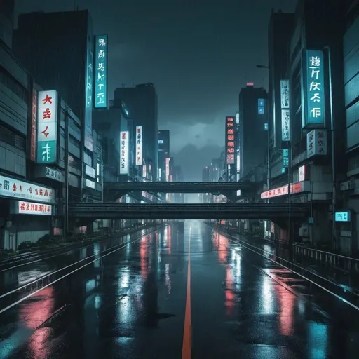 Prompt: A highway in rainy futuristic dystopian tokyo by night 
