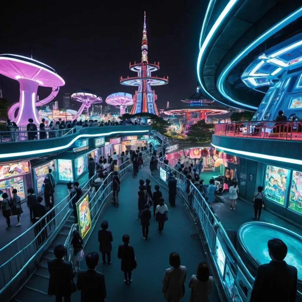 Prompt: people in a futuristic dystopian amusement park in tokyo by night