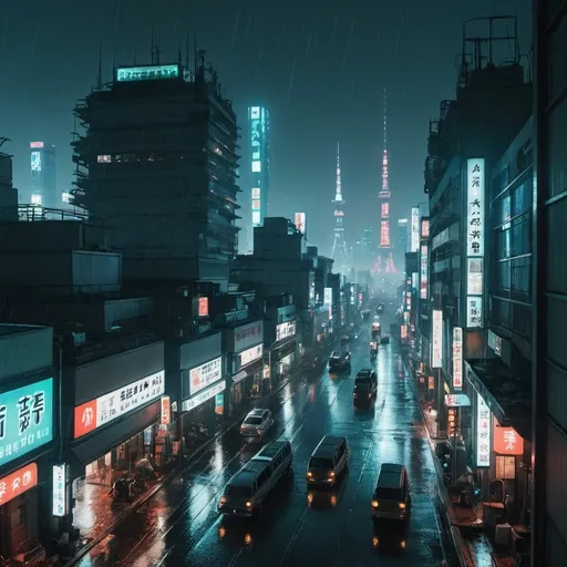 Prompt: An overview Shot of rainy futuristic dystopian tokyo by night 
