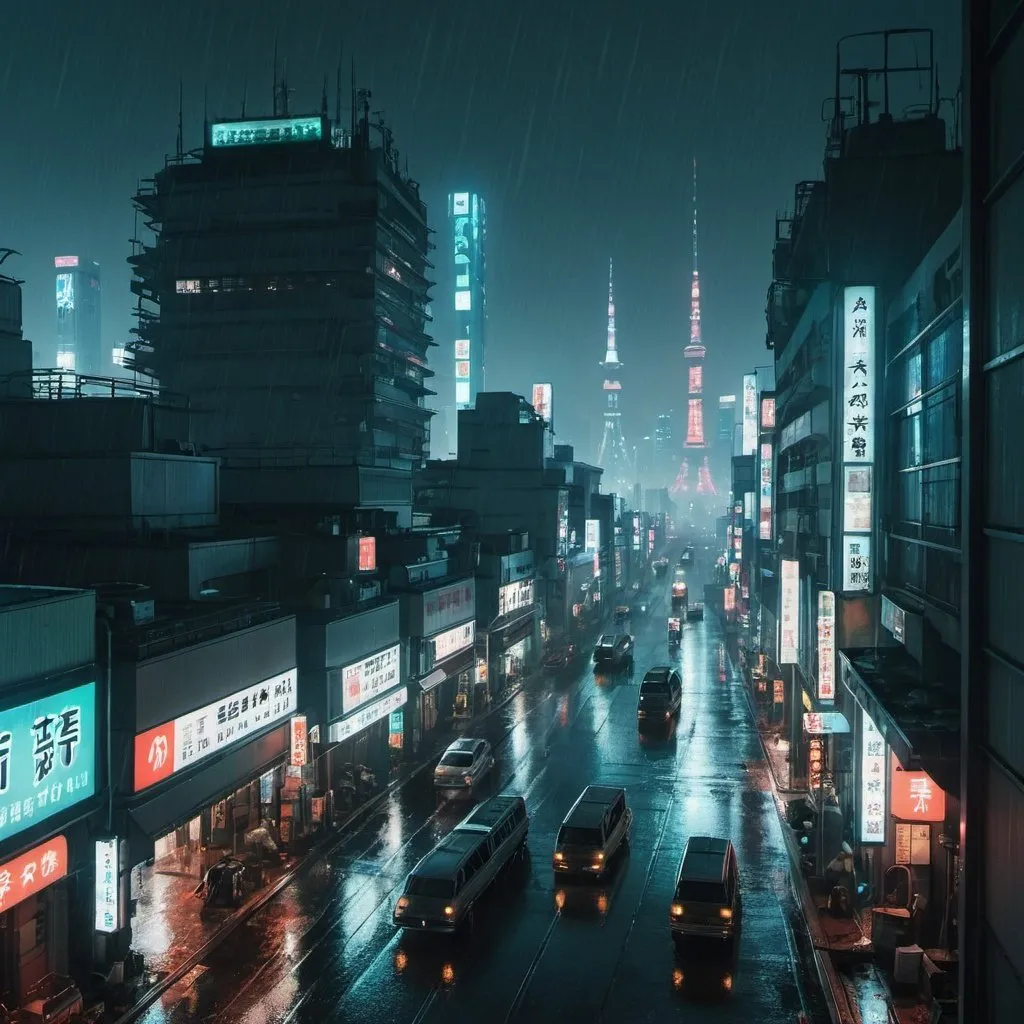 An overview Shot of rainy futuristic dystopian tokyo...