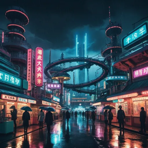 Prompt: an amusement park in rainy futuristic dystopian tokyo by night