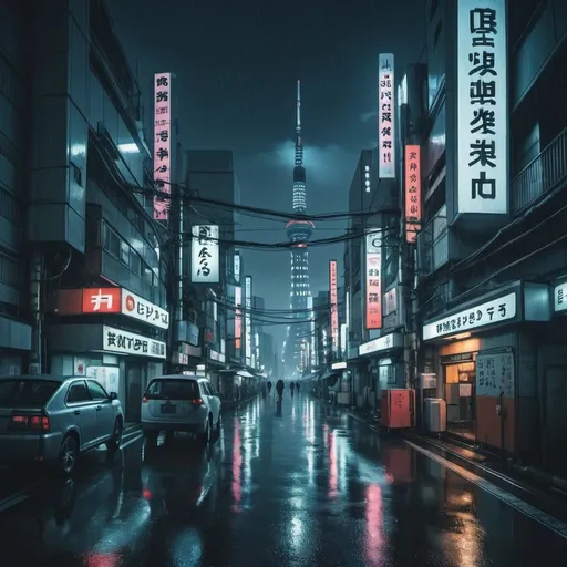 Prompt: Rainy futuristic dystopian tokyo by night