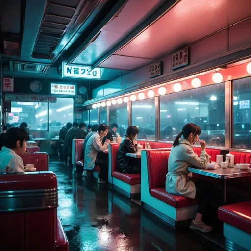 Prompt: Inside of a diner in rainy futuristic tokyo by night with people sitting in it eating 