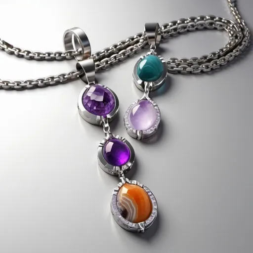 Prompt: Stunning 3D rendering of stainless steel necklaces/chains with spiritual crystal pendants, vibrant agate and amethyst crystals, high quality, detailed reflections, spiritual, 3D rendering, polished metal textures, vibrant colors, luxurious lighting