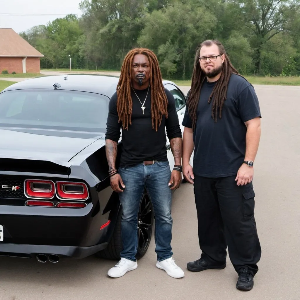 Prompt: 6’4 black dreadhead standing next to a hellcat