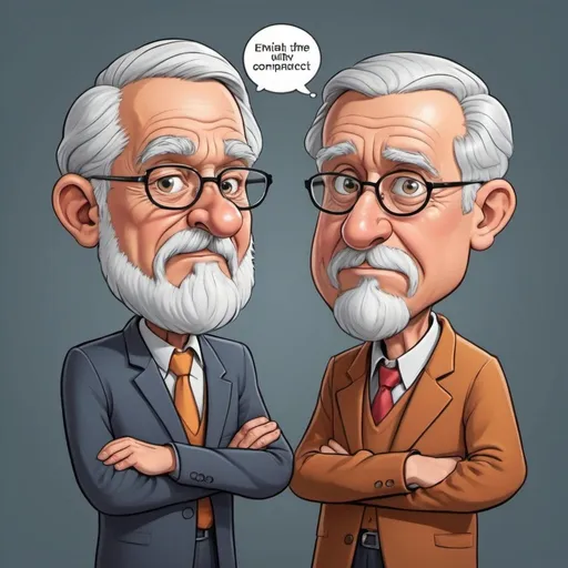 Prompt: Generate a cartoon that depicts two characters,in A conversation that illustrates  the Dunning -Kruger effect  , one with a high level of expertise or competence (depicted as a wise-looking character) and another with a low level of expertise or competence (depicted as an overconfident character). The overconfident character confidently asserts their knowledge or skill in a particular domain, while the wise-looking character observes them with a skeptical or amused expression. Enhance it withe a bubble text point being made by both 