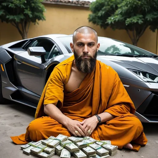 Prompt: a monk man with beard sitting on a lamborghini surround with money
