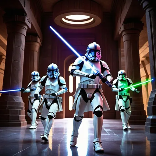 Prompt: Clone troopers with colored lightsabers in Jedi Temple, vibrant 3D rendering, detailed architecture, dramatic lighting, cinematic, Jedi robes, 501st Legion, dynamic poses, high-res, ultra-detailed, cinematic, vibrant colors, epic lighting, dramatic shadows, futuristic, sci-fi, Jedi temple setting, blue lightsaber, green lightsaber, purple lightsaber