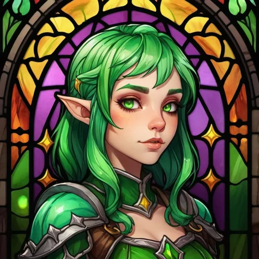 Prompt: full character design for girl elf with green hair mmo