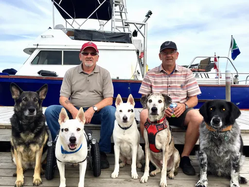 Prompt: Use the 2 men and 5 dogs, in a group portrait, all sitting on the dock with the boat in the background. Make the german shepherd have big ears. Dog in wheel chair has up right ears. Other dog is all white with and black dots behind each eye.