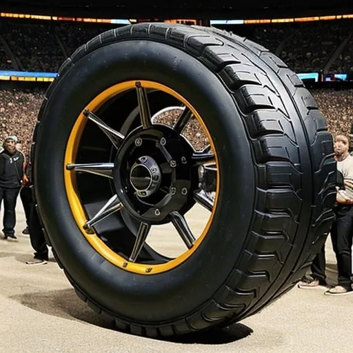 Prompt: Big tire made to look like a drum set on it's side with excited sports fans crowded around it