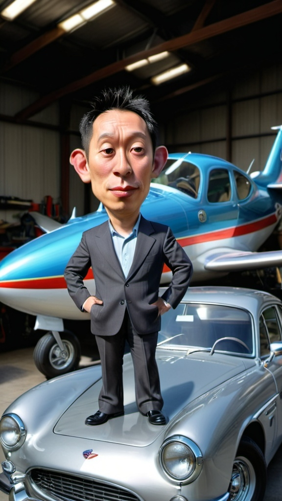 Prompt: a man standing in front of a car in a garage with a plane in the background and a car in the foreground, Andrew Law, private press, promotional image, a stock photo