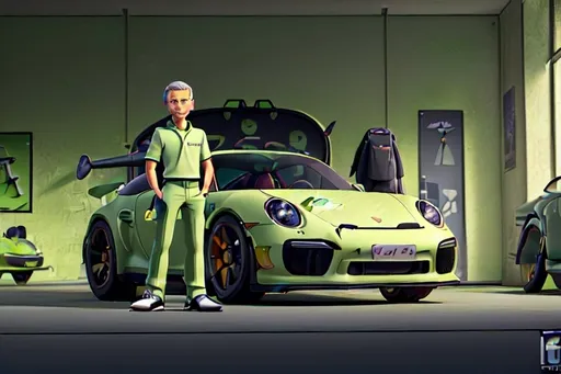 Prompt: (man standing, smiling, (sage green Porsche 911 RS) in a garage, (prototype model of jet fighter) behind, (golf club bag) in background, vibrant atmosphere, modern aesthetic, detailed lighting, professional composition, inspired by Du Jin and Johnson Ting, photo-realistic, ultra-detailed, high quality stock photo)