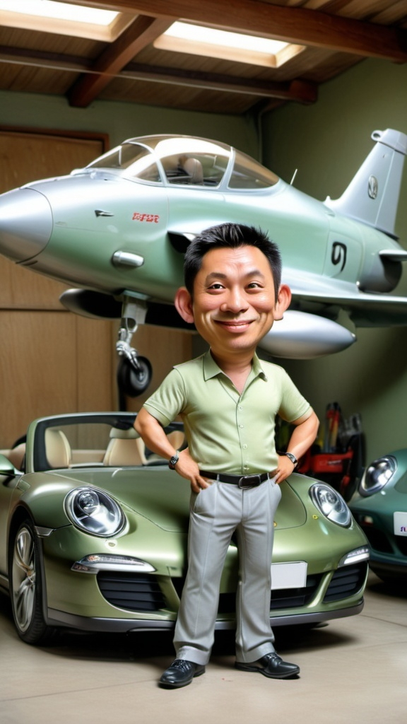 Prompt: a handsome atheletis indo man standing smile with golf bag in front of a sage green  porche911 in a garage with a prototype jet remote control in the background and a fighter jet on the wall, Du Jin, neoism, johnson ting, a stock photo