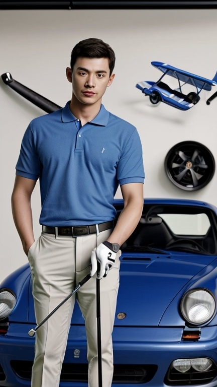 Prompt: a man blue polo shirt holding a golf club in front of a porche933 rs with a model airplane on the wall behind him, Ai Xuan, precisionism, promotional image, a stock photo