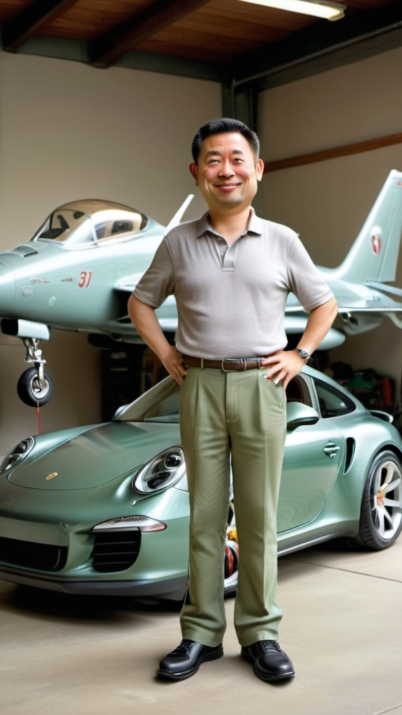 Prompt: a man standing smile with golf bag in front of a sage green  porche911 in a garage with a prototype jet remote control in the background and a fighter jet on the wall, Du Jin, neoism, johnson ting, a stock photo