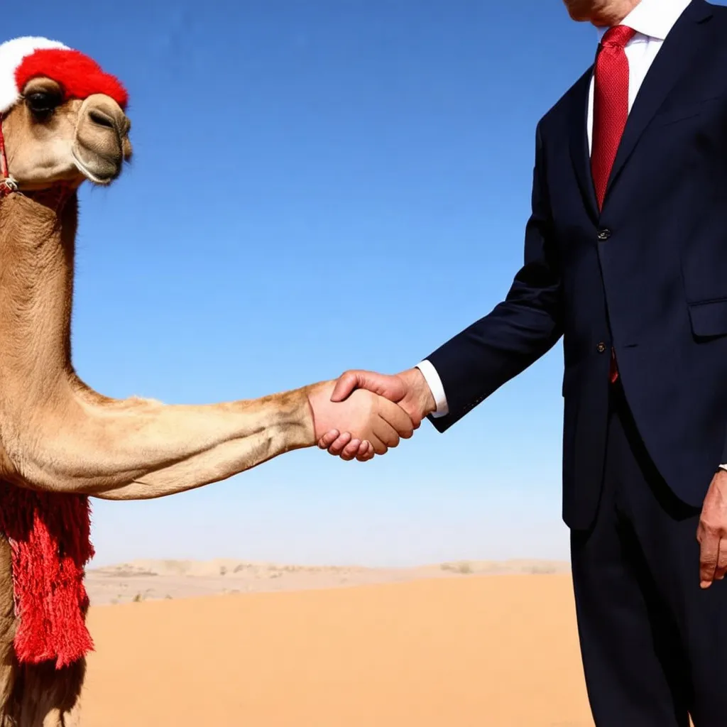 Prompt: create an image of a camel dressed in red, white and blue shaking hands with a man wearing a suit with a red tie

