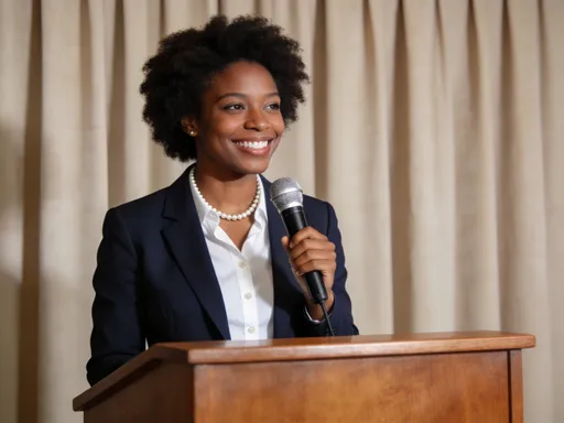 Prompt: This photograph depicts a Black woman standing at a wooden podium, holding a black and silver microphone in her right hand. She has a medium-dark skin tone and an afro hairstyle. She is smiling warmly, showing her teeth, and looking slightly to the right of the camera. She is dressed in a dark navy blue blazer over a white button-down shirt, accessorized with a single-strand pearl necklace. The blazer fits well and is neatly tailored. The background consists of beige, floor-to-ceiling curtains that create a neutral and formal setting. The wooden podium in front of her is simple and unadorned, with a smooth, polished surface. The lighting is soft and even, highlighting her face and upper body without casting harsh shadows. The overall composition of the photograph is professional and formal, suggesting that she may be giving a speech or presentation. The image is focused and clear, capturing the subject in a moment of confident and engaging expression.