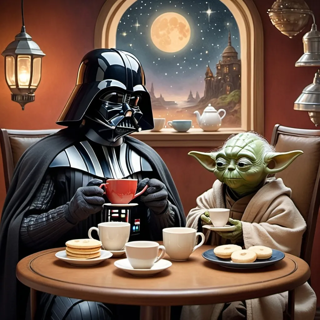 Prompt: (ultra-detailed image) Darth Vader and Yoda enjoying tea, surrounded by crumpets, whimsical setting, cozy ambiance, warm, inviting colors, steam rising from cups, intricate details in costumes, playful expressions, enchanting background with subtle starry night, hint of a galaxy, soft, atmospheric lighting, contrasting elements of elegance and sheer power.