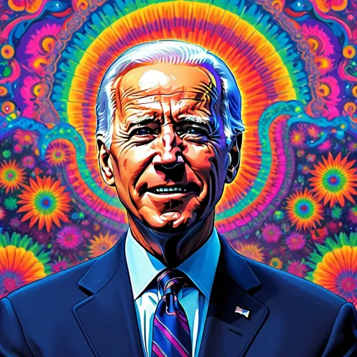 Prompt: Joe Biden  on a vibrant poster for a psychedelic festival, (trippy effects) swirling colors, kaleidoscopic patterns, high-energy ambiance, featuring themes of music and nature, bright neon hues, intricate designs, boldly capturing the festival spirit, engaging and captivating visuals, (highly detailed) digital art, dynamic composition, evoking a euphoric feeling, (ultra-detailed) and mesmerizingly artistic.