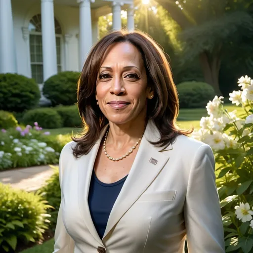 Prompt: (Kamala Harris with a subtle holy glow), standing in the White House garden, bathed in a radiant beam of sunlight, serene expression, surrounded by lush green foliage, vibrant flowers in bloom, soft ethereal lighting, creating a heavenly atmosphere, emphasizing her presence, highly detailed, with a captivating backdrop of classical architecture, ultra-detailed, high-quality image, enchanting and inspiring ambiance.