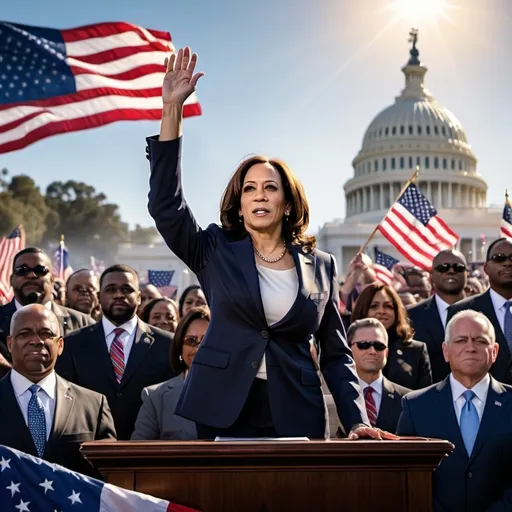 Prompt: (Kamala Harris being sworn into office), grand outdoor celebration, massive crowd of 300k people, patriotic atmosphere, vibrant flags waving, electrifying energy, strong sunlight casting dramatic shadows, capturing a moment of history, diverse emotions in the audience, photorealistic, ultra-detailed, focused on Harris with raised hand, presidential seal in the background.